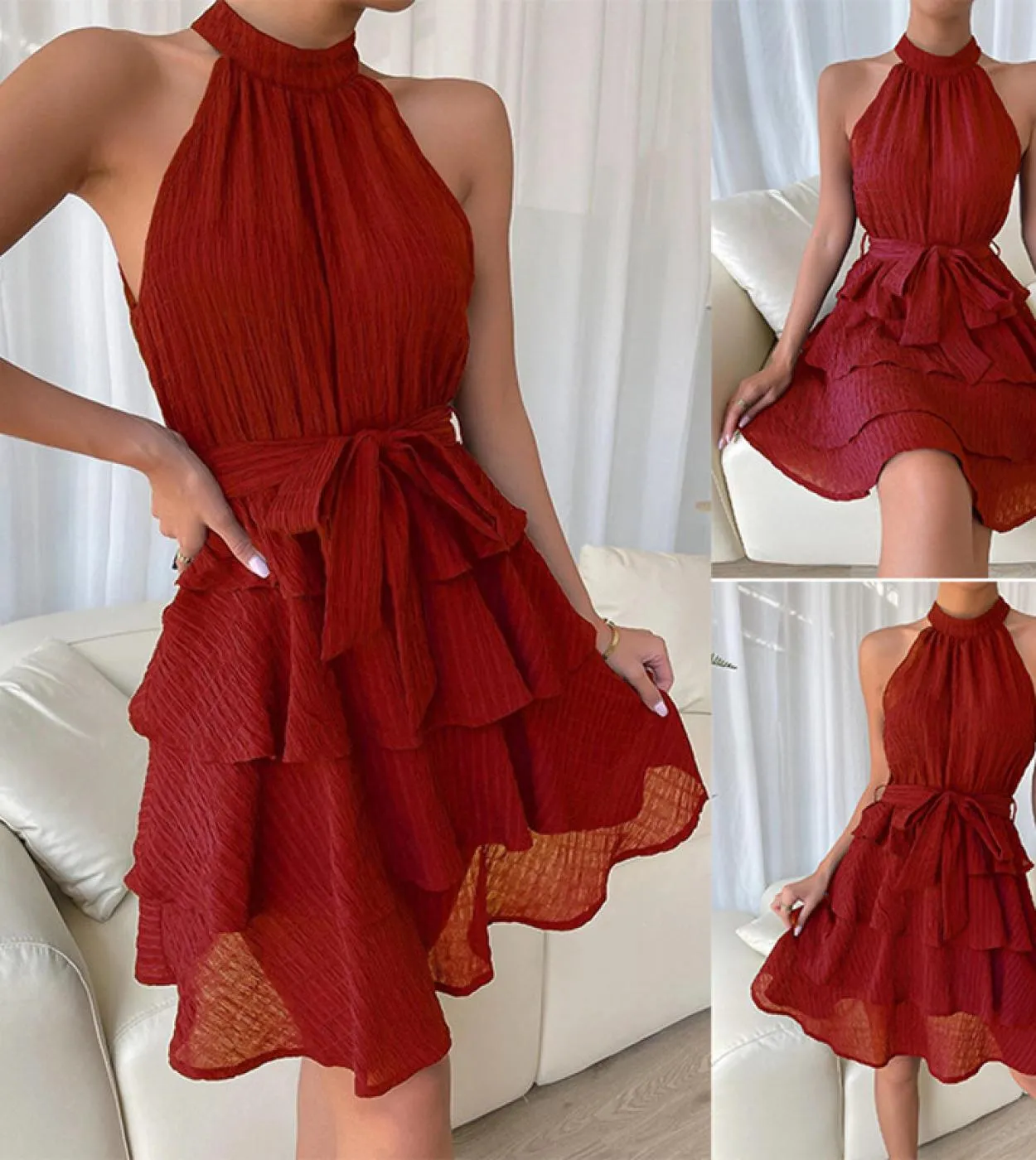 2023 Summer New Fashion Elegante abito da donna senza maniche in tinta unita con volant abito da vacanza da donna in ufficio