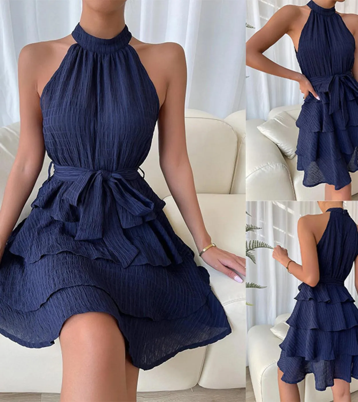 2023 Summer New Fashion Elegante abito da donna senza maniche in tinta unita con volant abito da vacanza da donna in ufficio