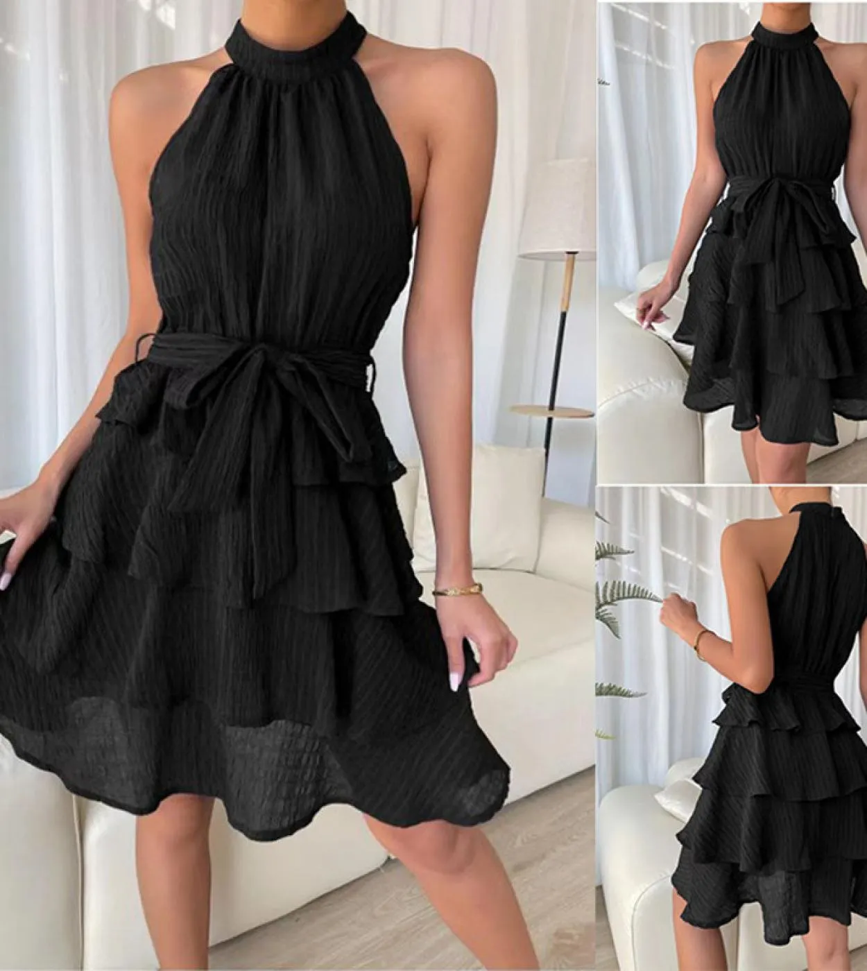 2023 Summer New Fashion Elegante abito da donna senza maniche in tinta unita con volant abito da vacanza da donna in ufficio