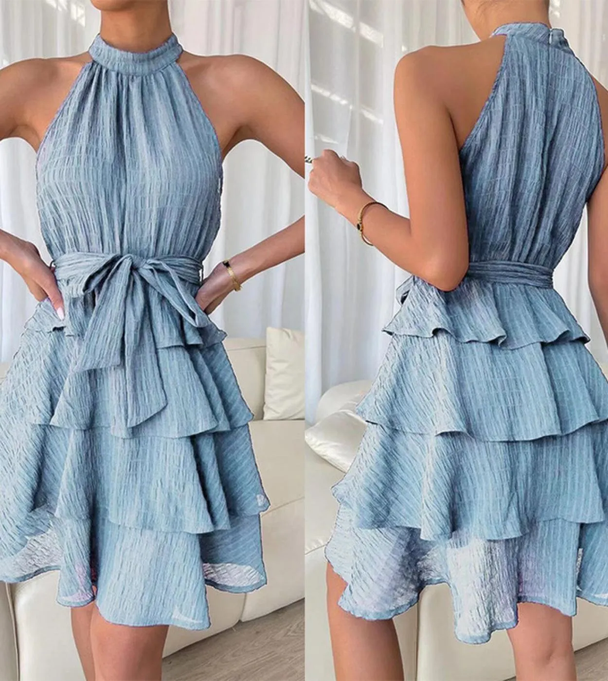 2023 Summer New Fashion Elegante abito da donna senza maniche in tinta unita con volant abito da vacanza da donna in ufficio
