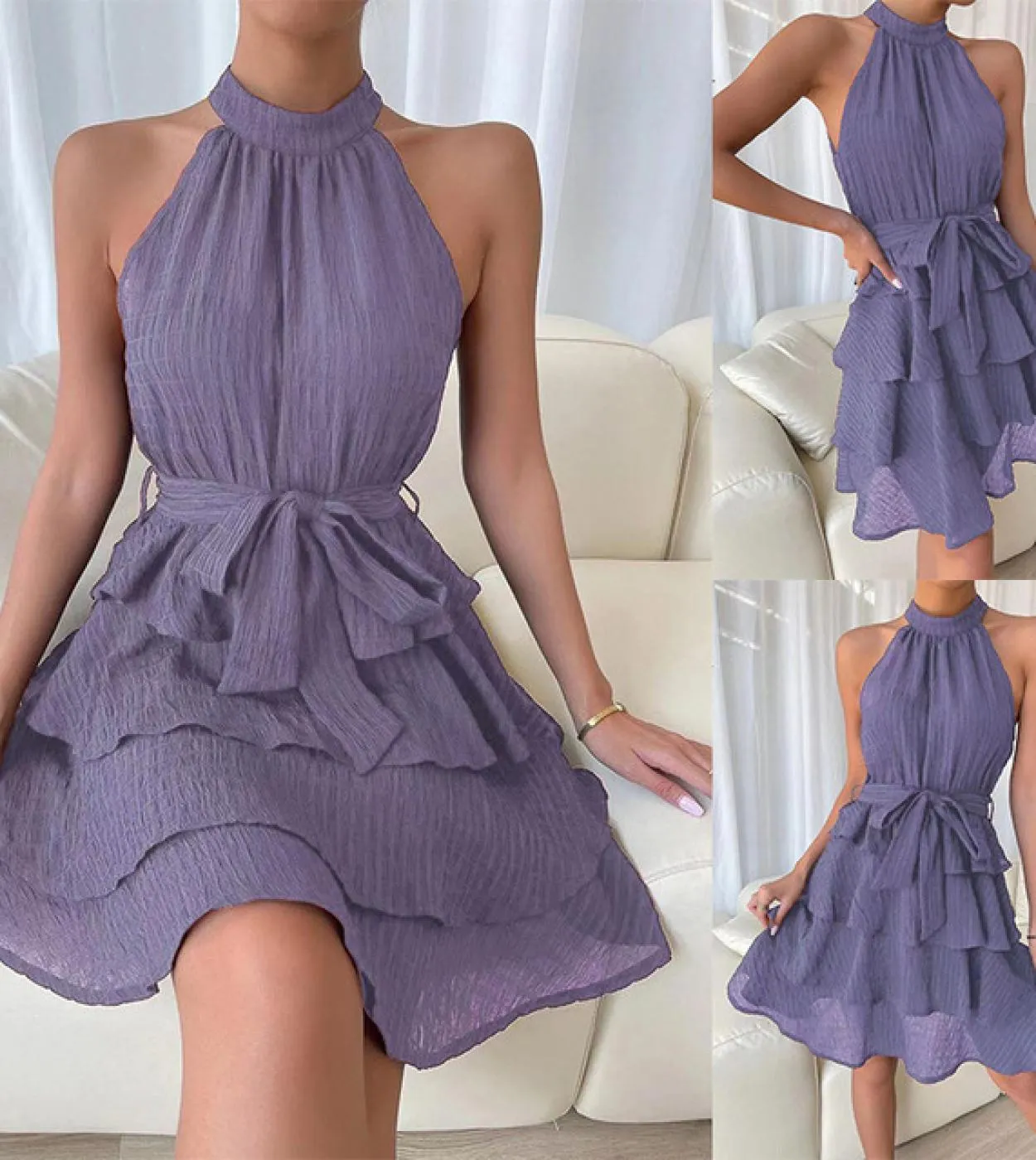 2023 Summer New Fashion Elegante abito da donna senza maniche in tinta unita con volant abito da vacanza da donna in ufficio