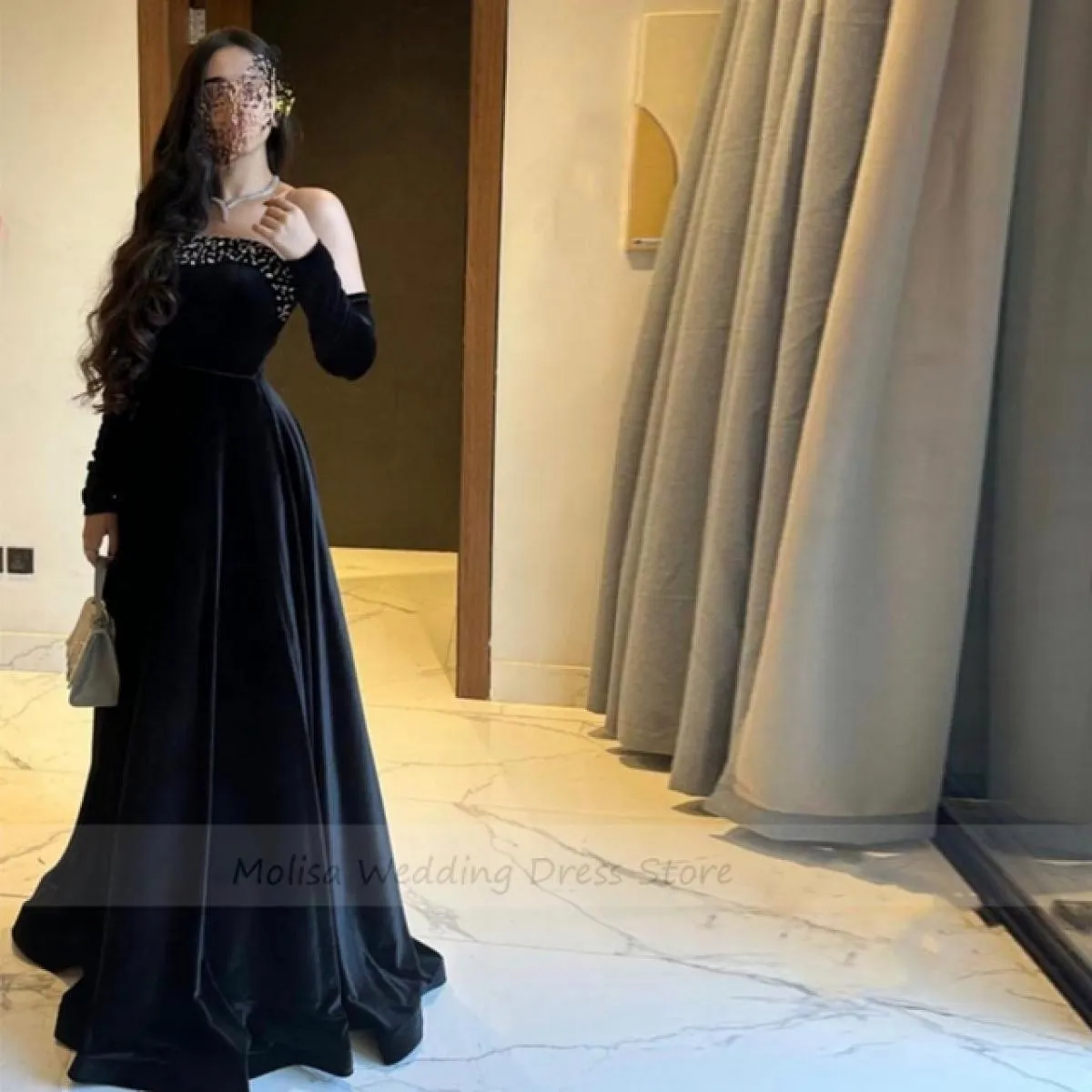 A Line Balck 2022 Abiti da festa per le donne Abiti da sera in velluto Lunghezza del pavimento con guanti Abiti da festa per cel