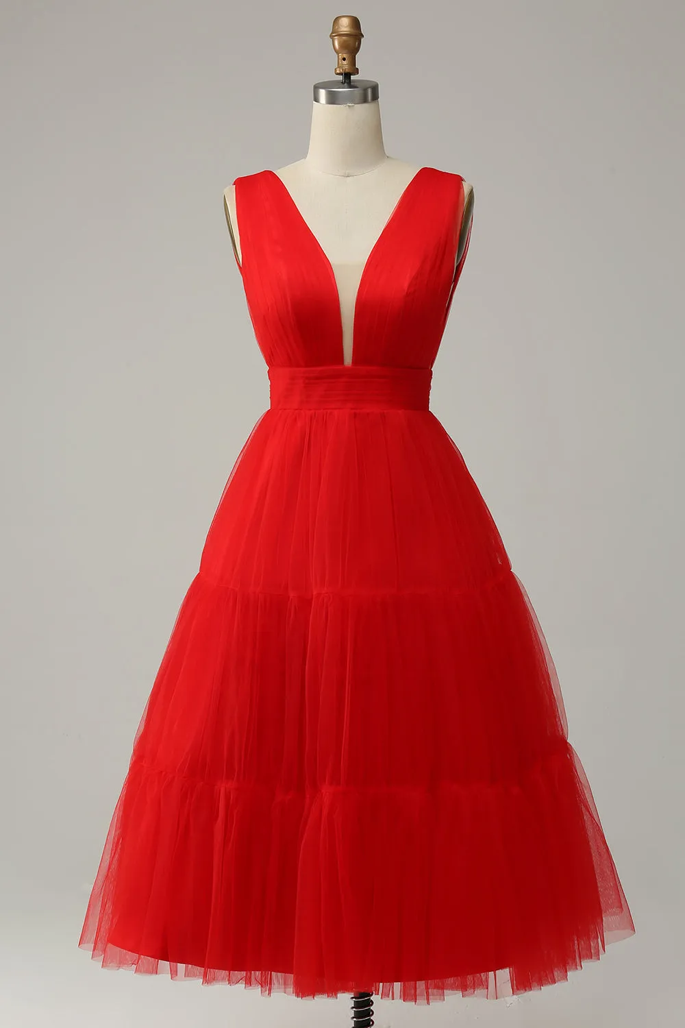 Abito da cerimonia Midi con scollo a V profondo rosso con schiena aperta