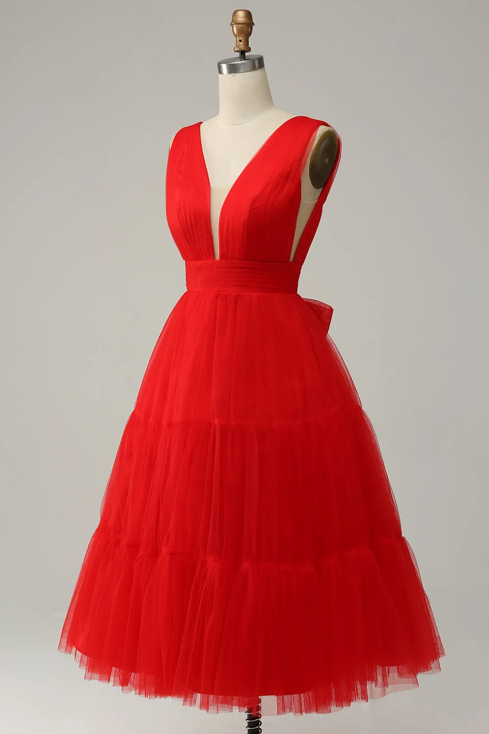 Abito da cerimonia Midi con scollo a V profondo rosso con schiena aperta