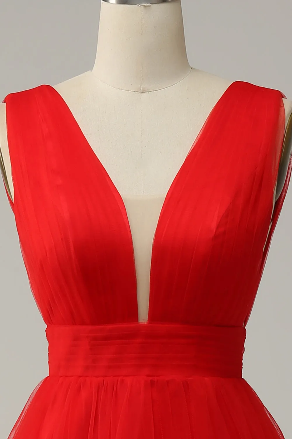 Abito da cerimonia Midi con scollo a V profondo rosso con schiena aperta