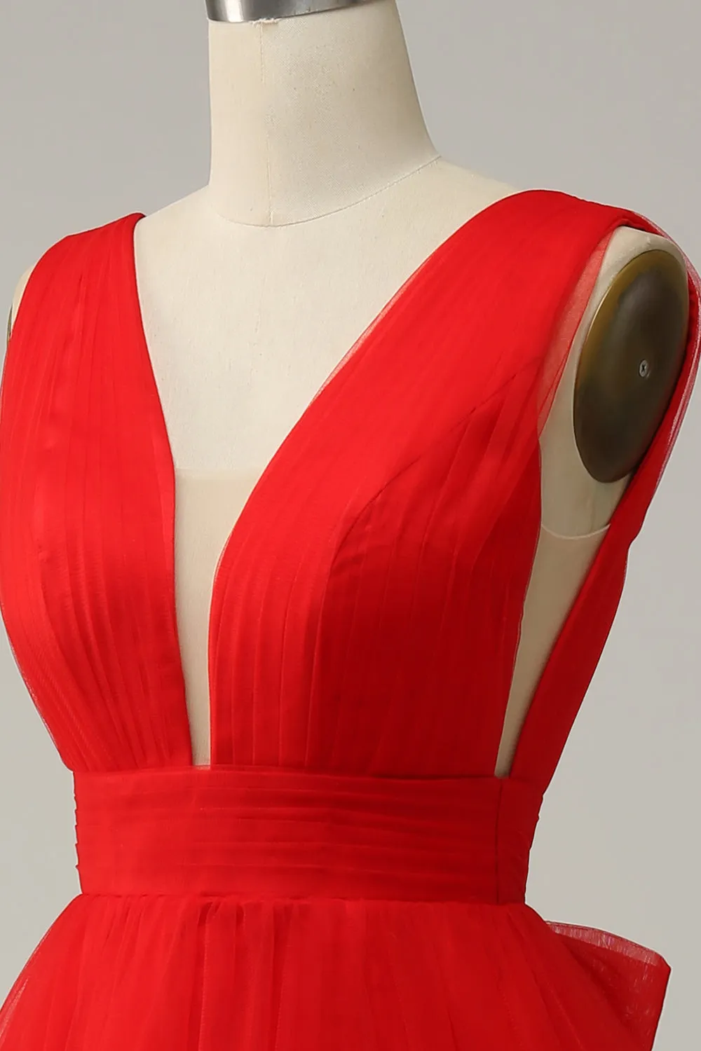 Abito da cerimonia Midi con scollo a V profondo rosso con schiena aperta