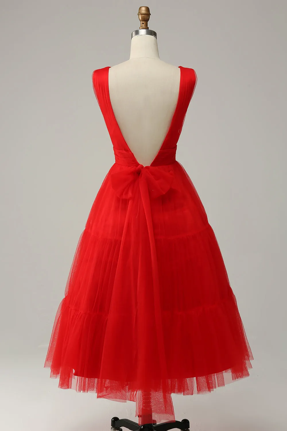 Abito da cerimonia Midi con scollo a V profondo rosso con schiena aperta