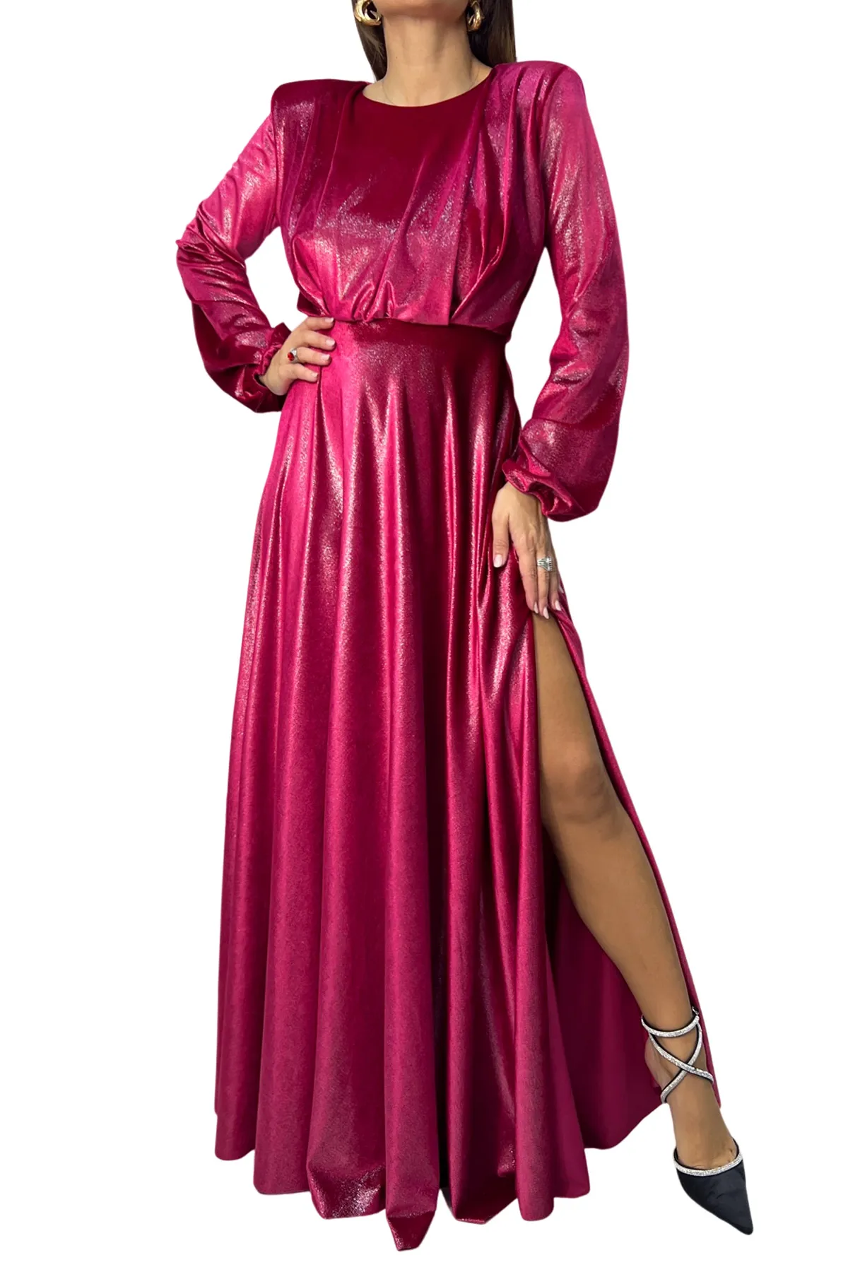 Abito donna lungo in velluto taglio in vita manica lunga a sbuffo chiusura bottone retro e collo alla schiena