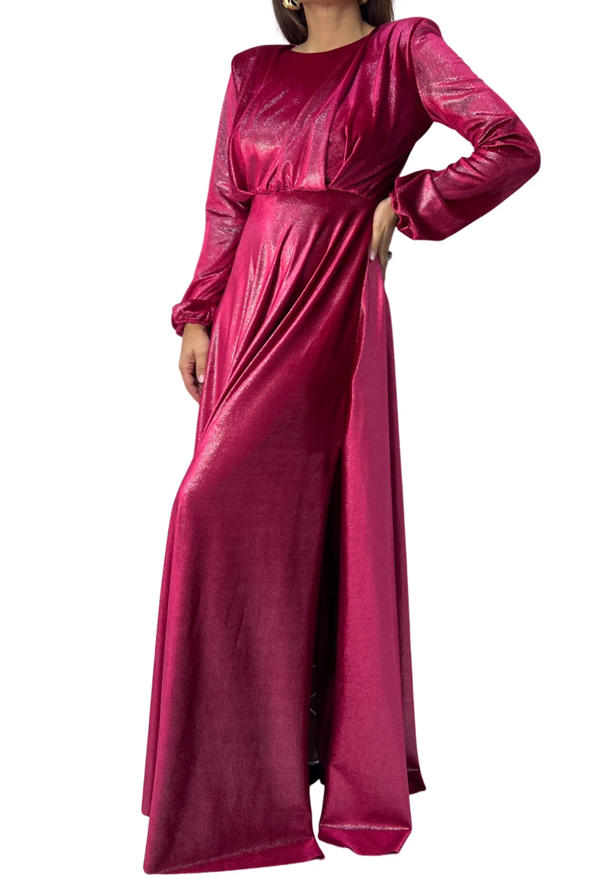 Abito donna lungo in velluto taglio in vita manica lunga a sbuffo chiusura bottone retro e collo alla schiena