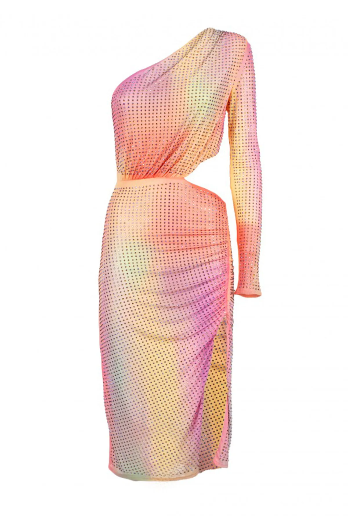 Abito donna midi tie dye monospalla con manica lunga cut out sul fianco mini borchie applicate