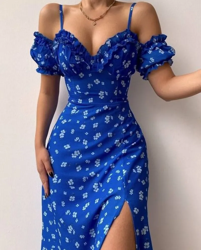 Abito lungo floreale boemo Abito lungo da donna Abito estivo da donna con spalle scoperte Abito a maniche corte con corsetto Abi