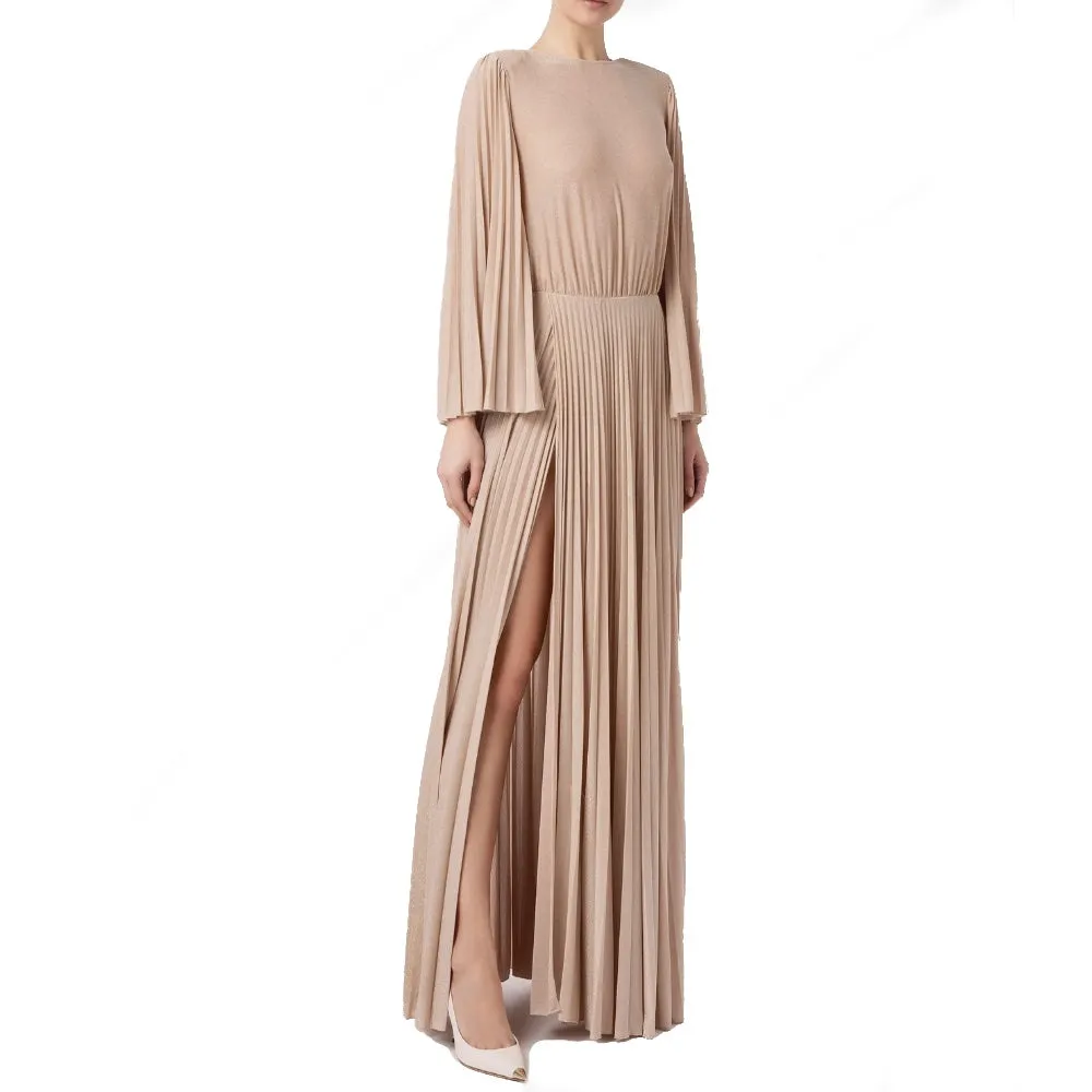 Abito red carpet in jersey lurex con maniche plissettate