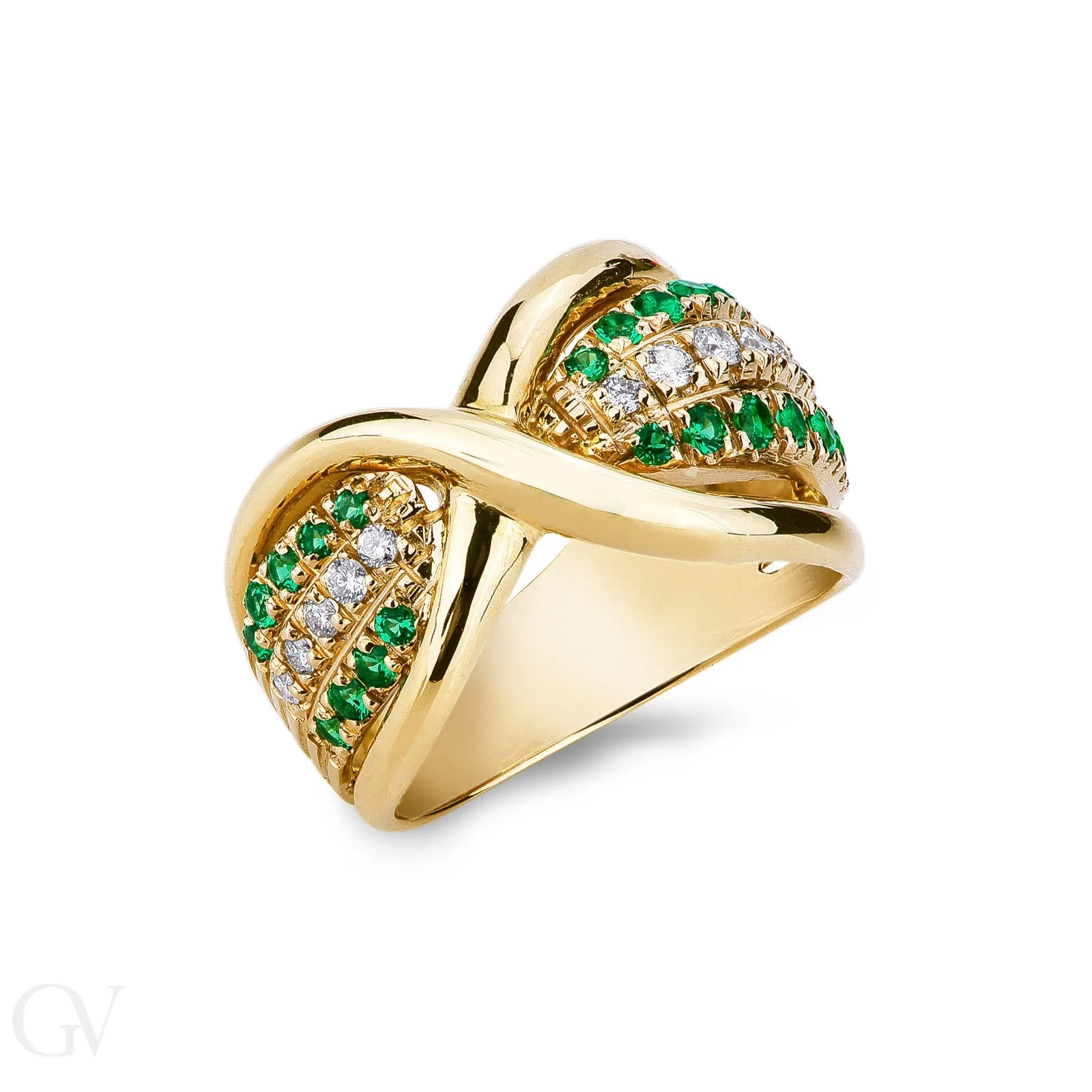 Anello in oro giallo 18k con smeraldi e diamanti