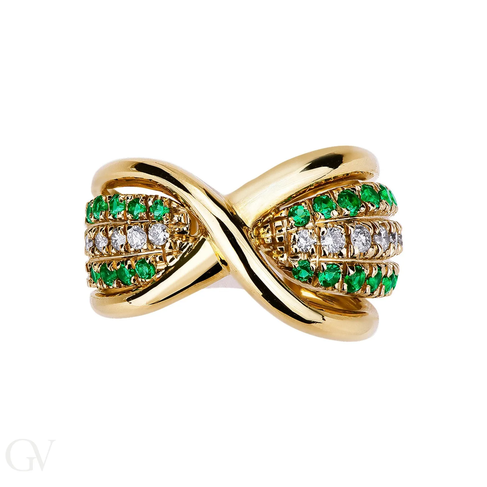 Anello in oro giallo 18k con smeraldi e diamanti