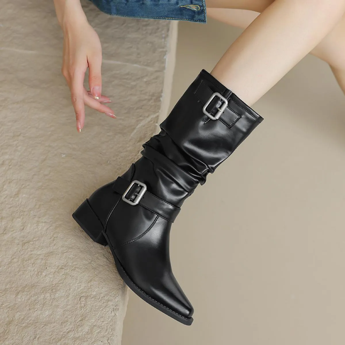 Autunno Inverno Tacchi bassi Stivali a metà polpaccio Slip on in vera pelle Scarpe da donna Stivaletti Chelsea retrò Taglia 34 4