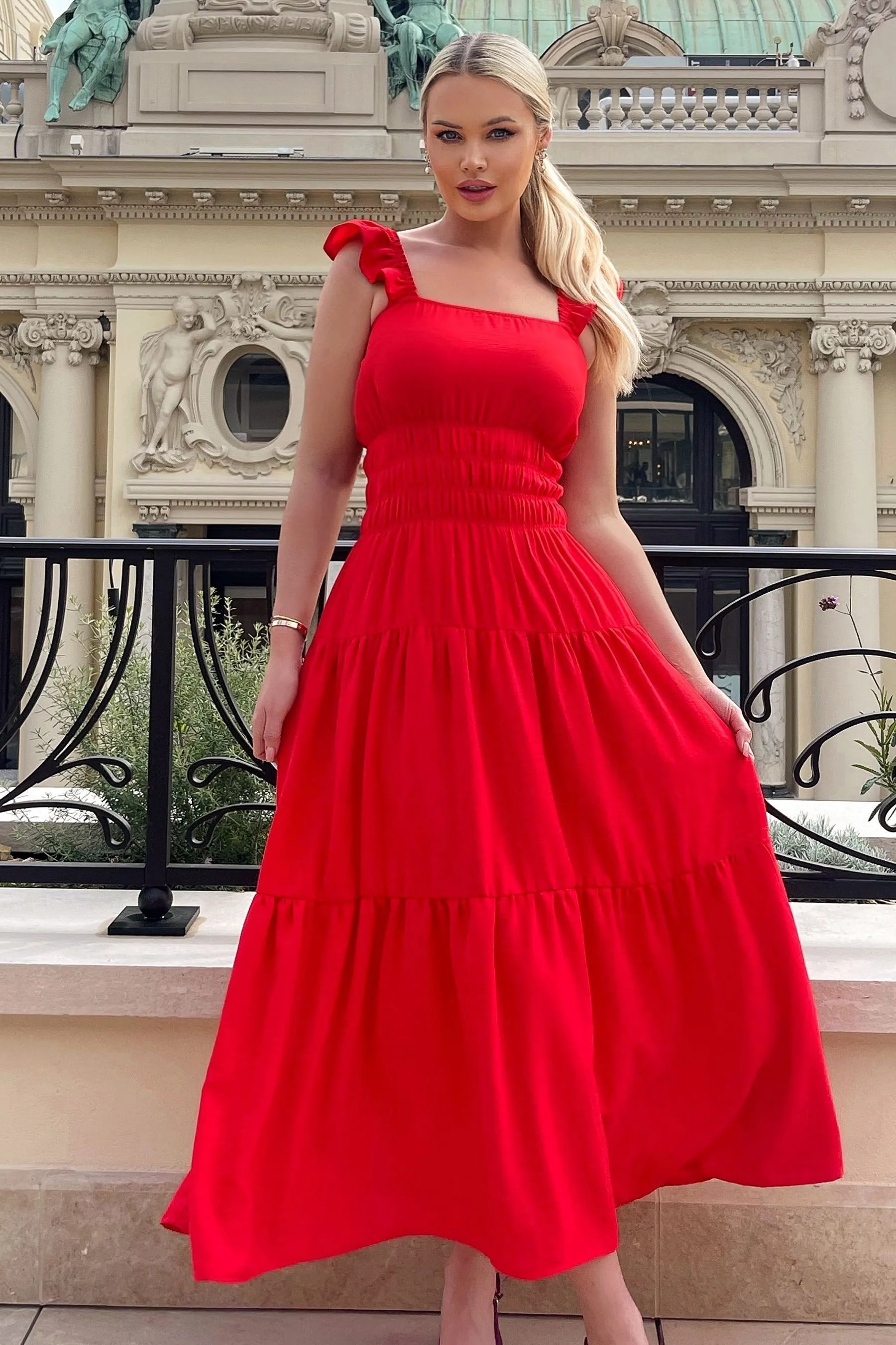 AX Paris Rosso - Abito midi a balze con spalline a volant
