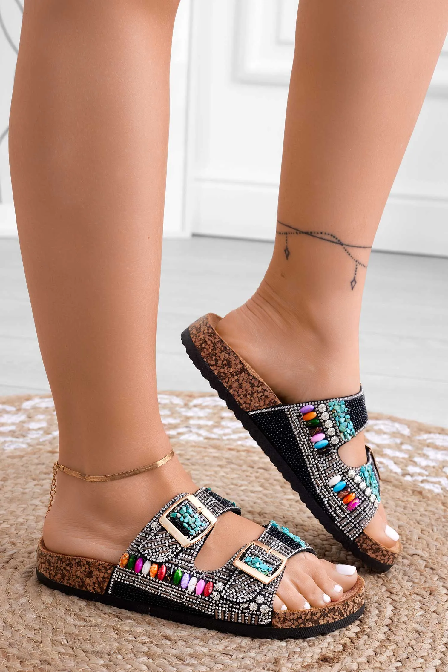 AXIDIE - Sandali ciabatte neri con fibbie e pietre multicolor