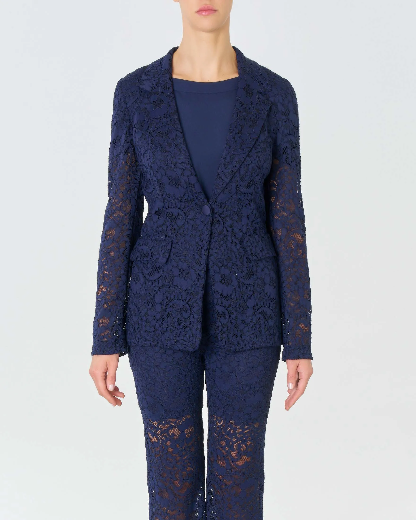 Blazer lungo blu in pizzo stretch con scollo a rever e maniche sfoderate