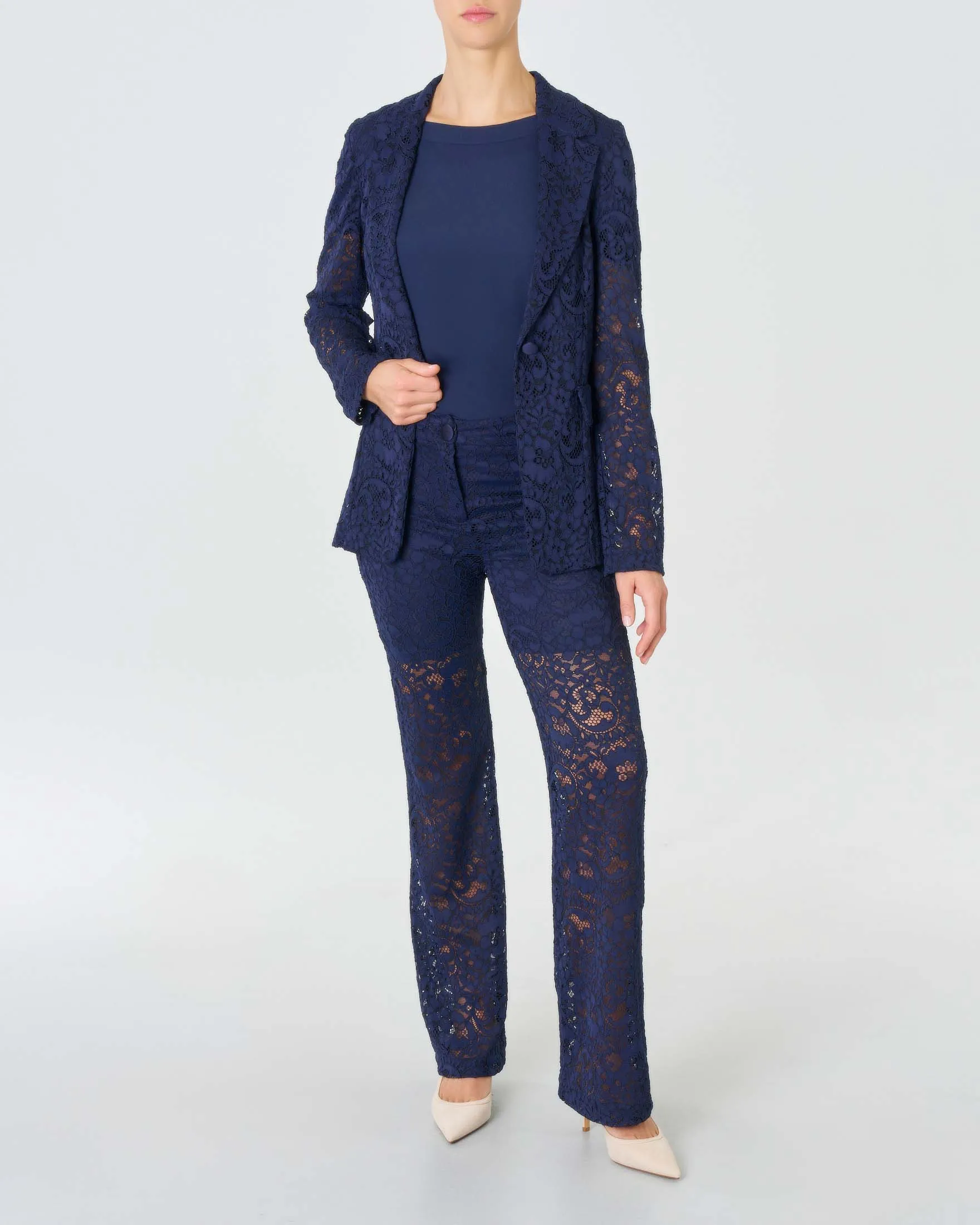 Blazer lungo blu in pizzo stretch con scollo a rever e maniche sfoderate