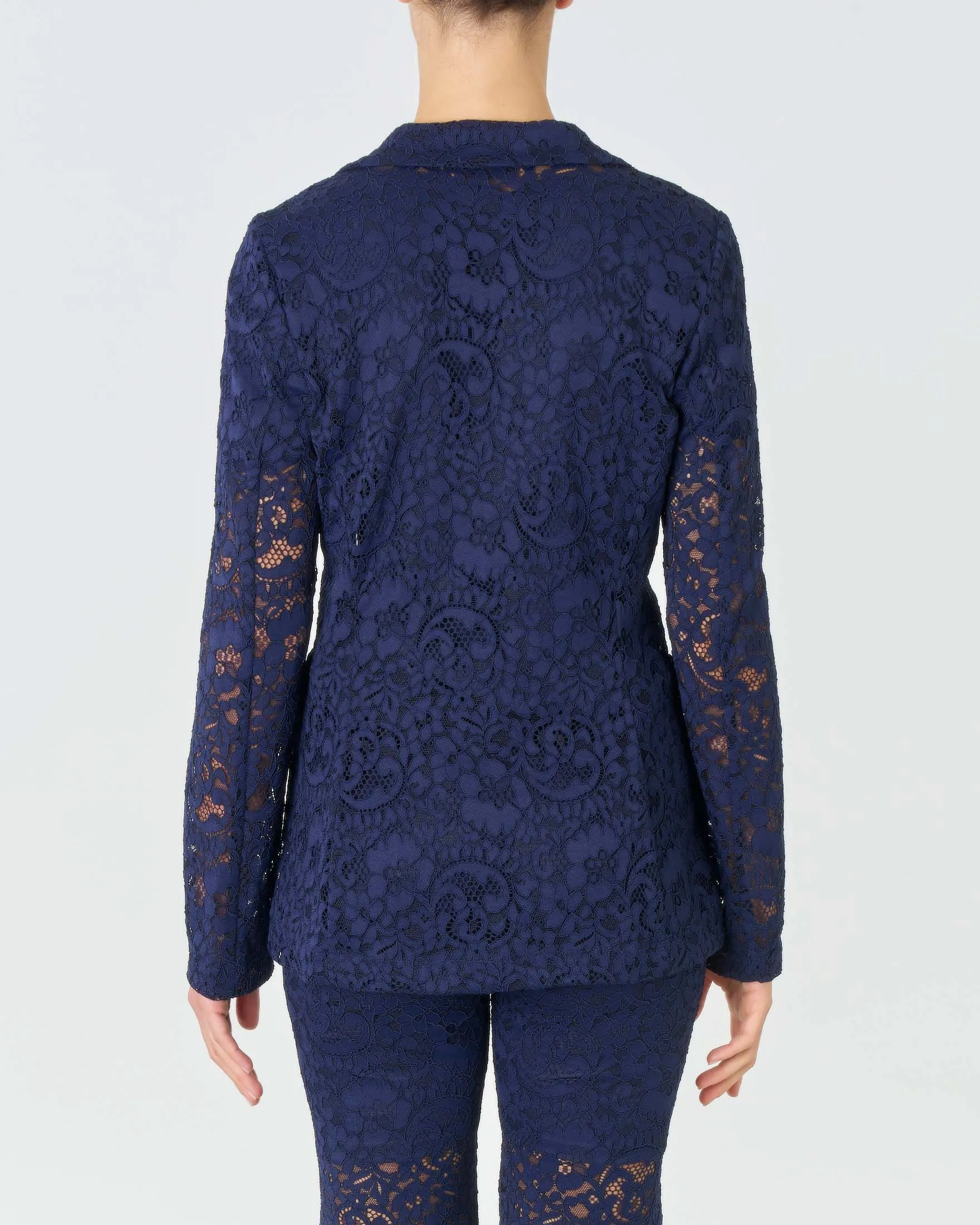 Blazer lungo blu in pizzo stretch con scollo a rever e maniche sfoderate