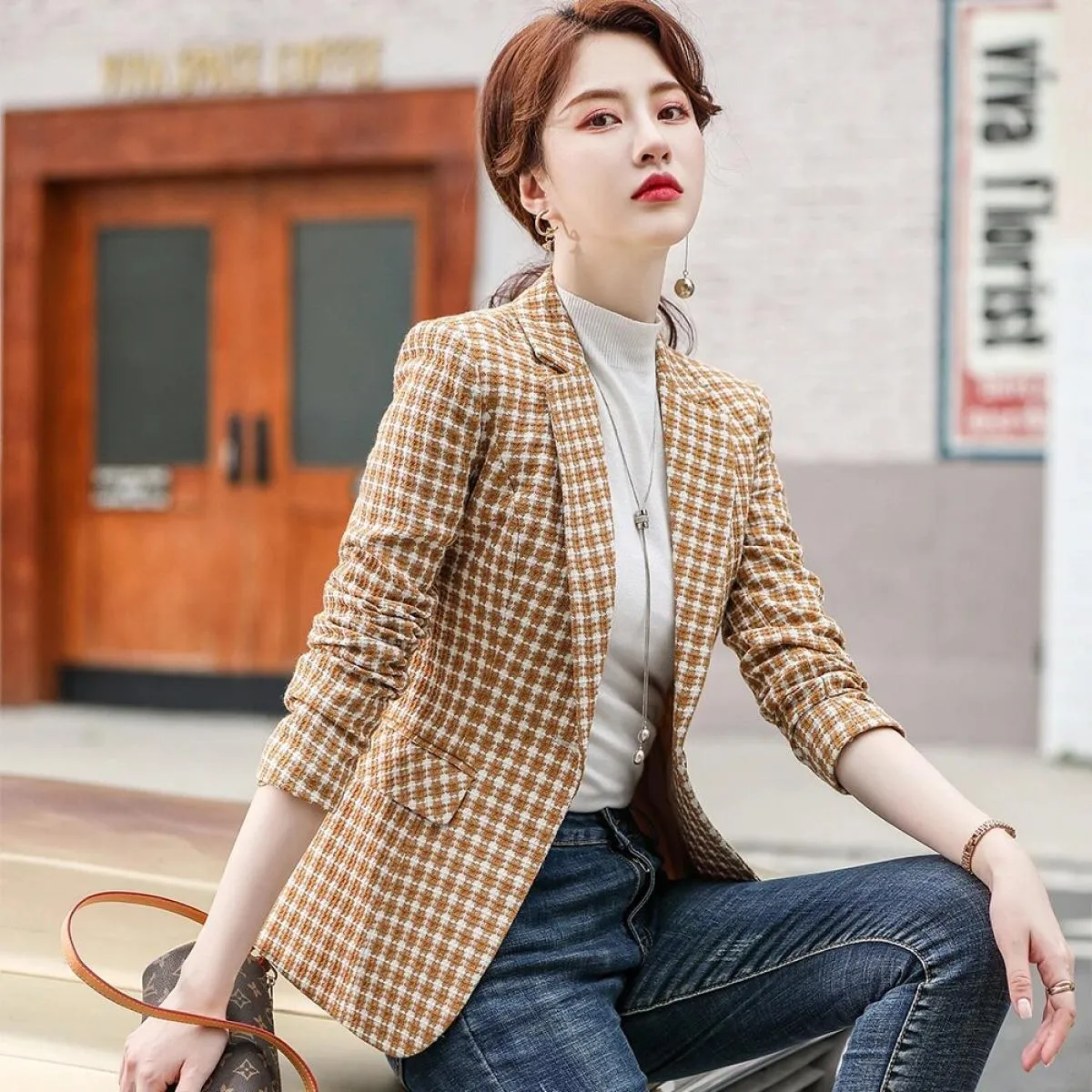 Blazer scozzese nero giallo Donna Giacche gialle Blazer Blazer Donna Blazer gialle