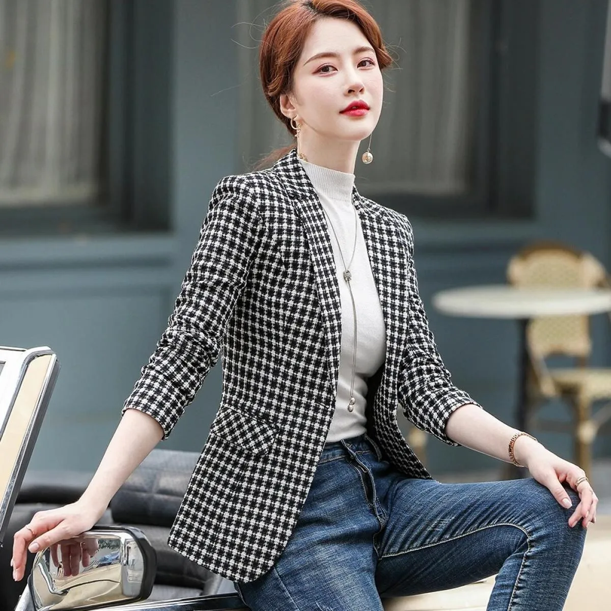 Blazer scozzese nero giallo Donna Giacche gialle Blazer Blazer Donna Blazer gialle