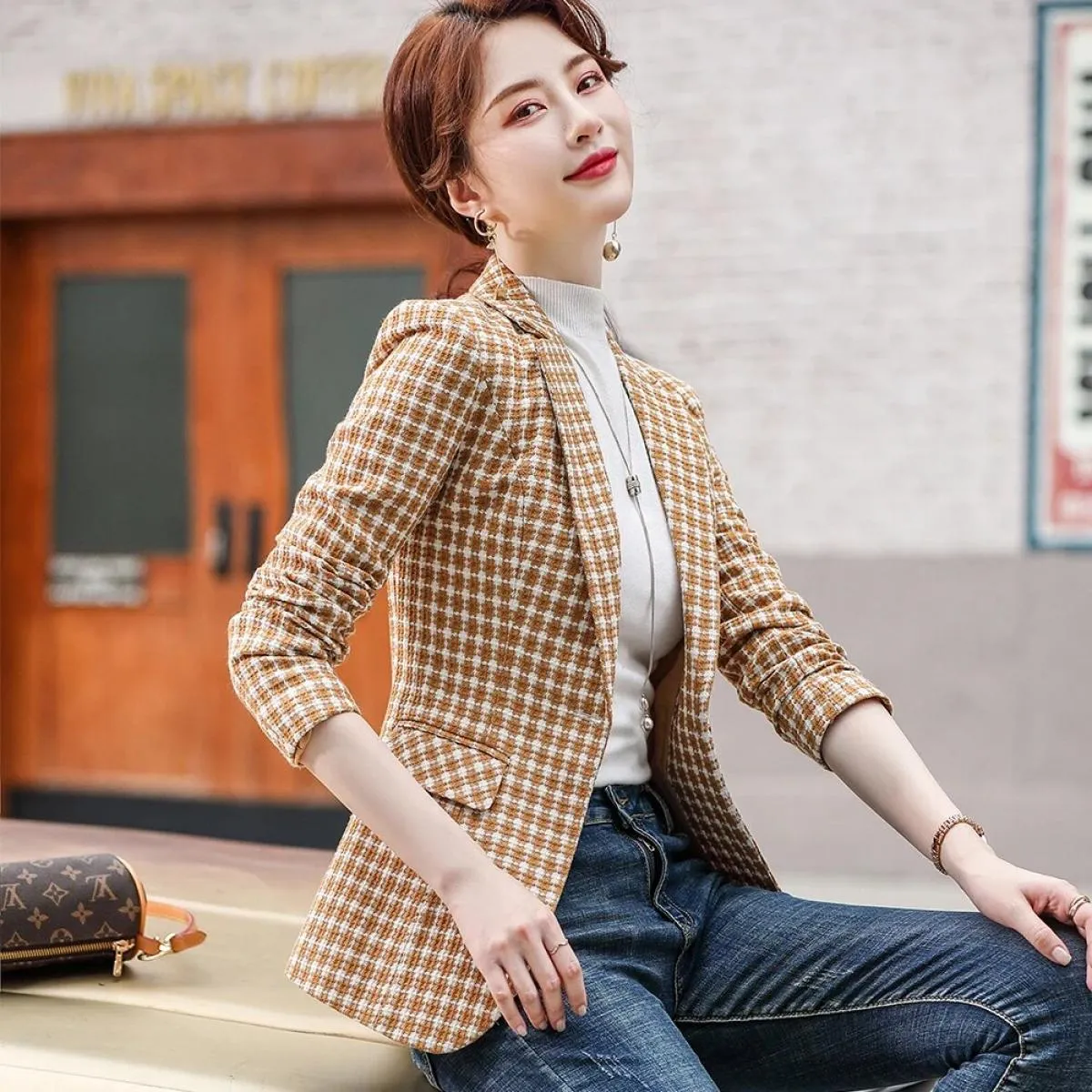 Blazer scozzese nero giallo Donna Giacche gialle Blazer Blazer Donna Blazer gialle
