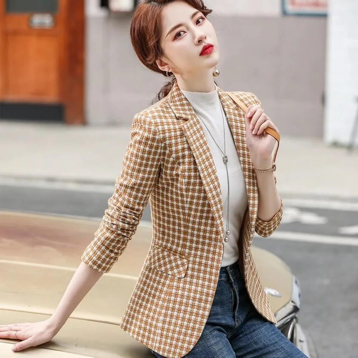 Blazer scozzese nero giallo Donna Giacche gialle Blazer Blazer Donna Blazer gialle