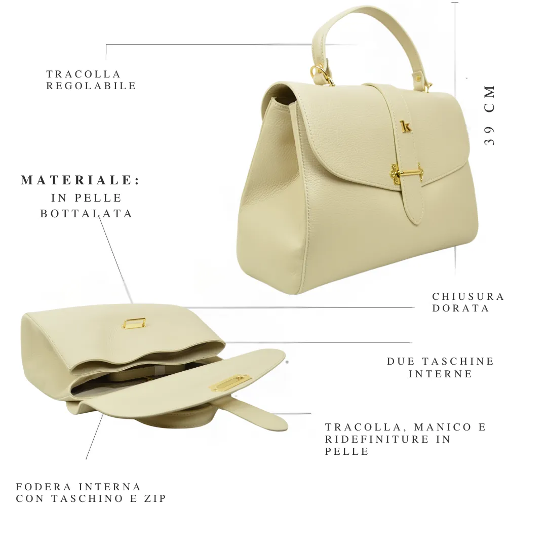 Borsa a Mano Baule Grande Capiente in Pelle Crema