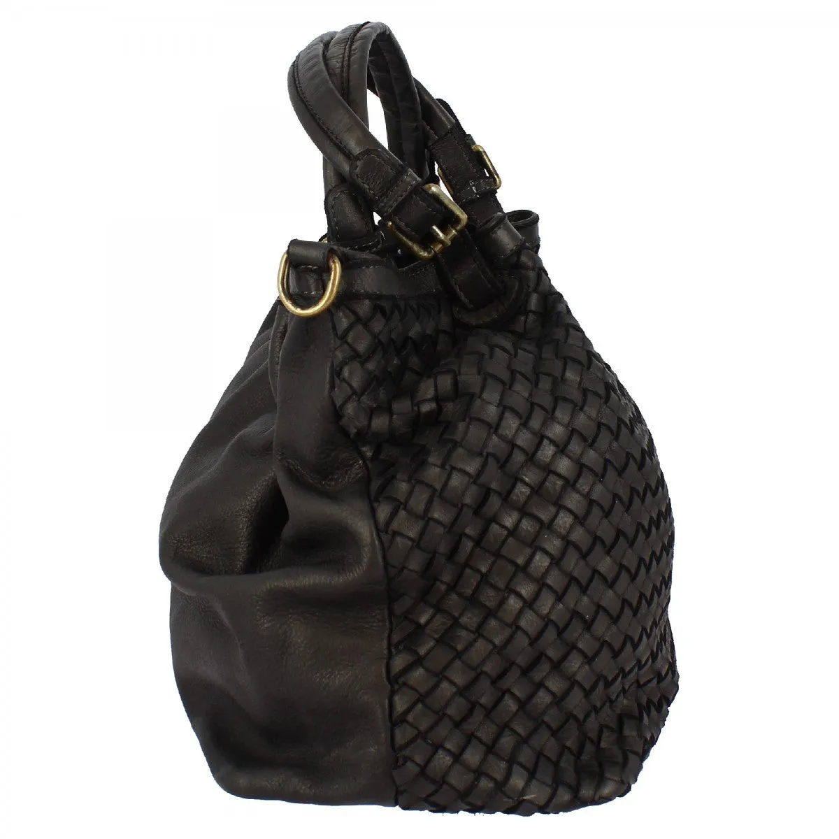 Borsa da donna Petrarca fatta a mano in pelle intrecciata nera con tracolla