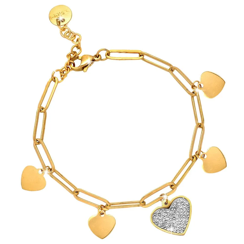 Bracciale con maglia a profilo squadrato in acciaio e charms pavè gold - Cuori