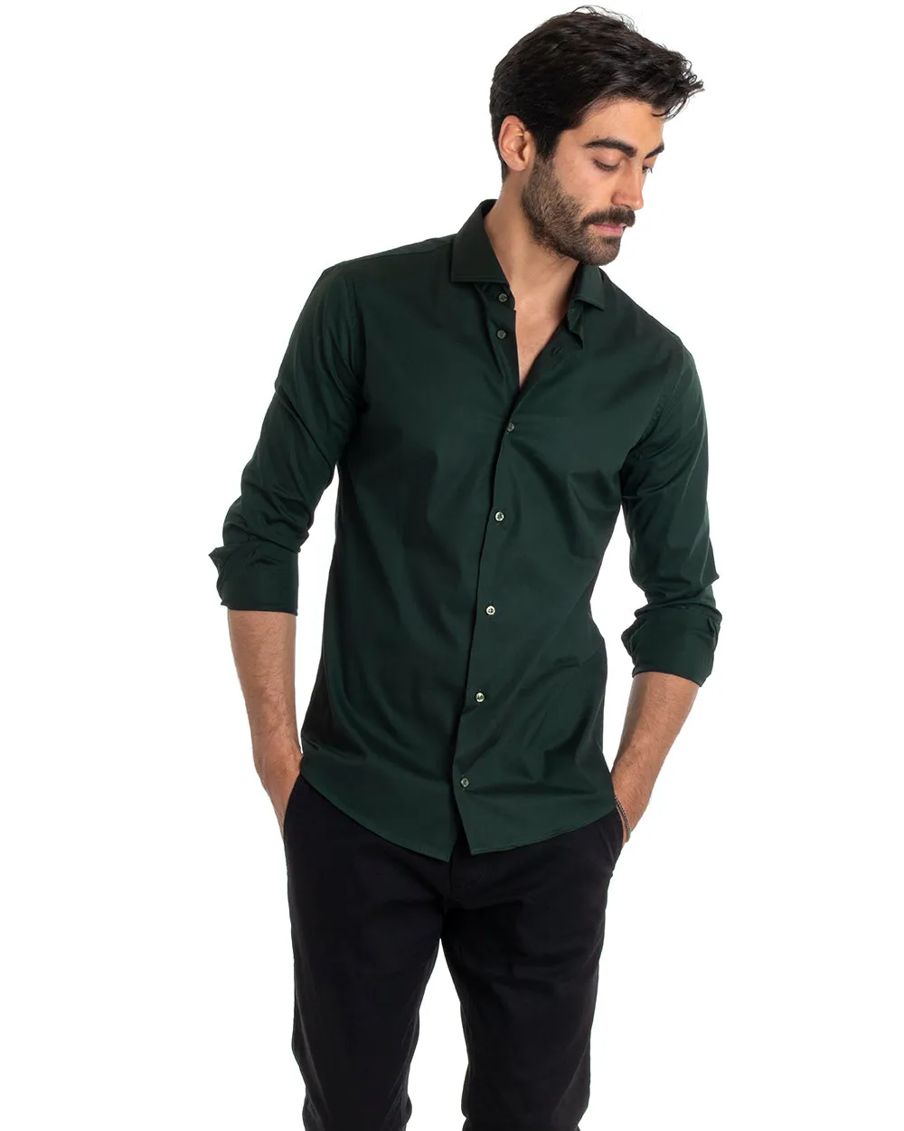 Camicia Uomo Sartoriale Con Colletto Manica Lunga Basic Cotone Morbido Verde Bottiglia Regular Fit GIOSAL-C2399A