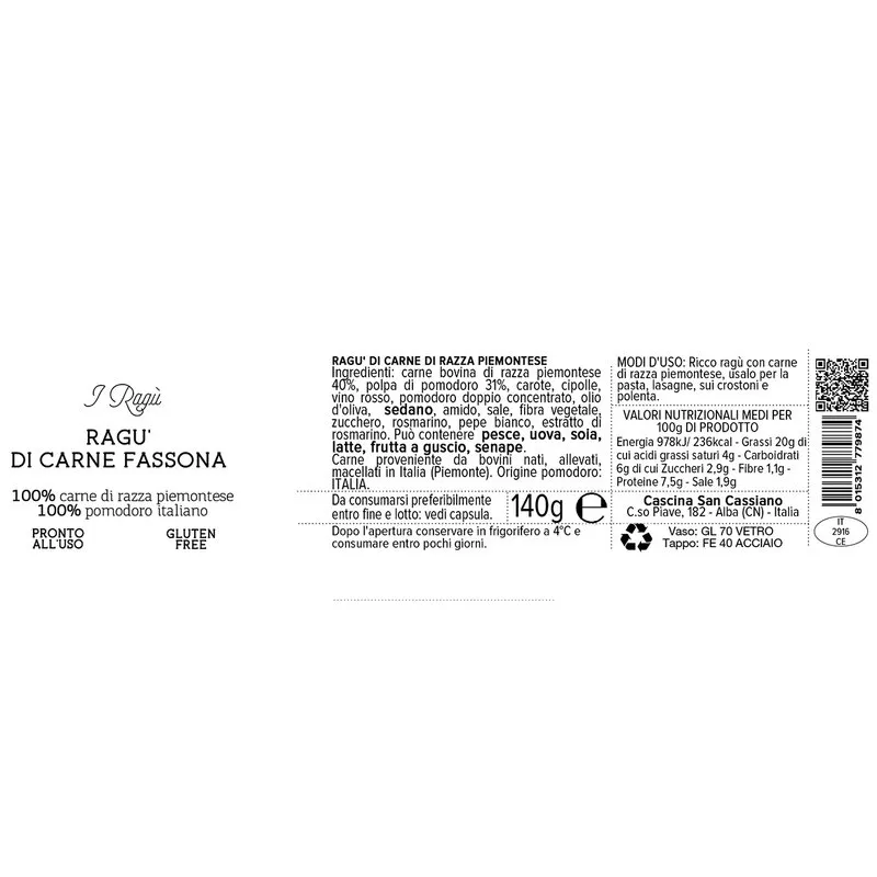 Cascina San Cassiano 6 vasetti - Ragù di Fassona 140 gr