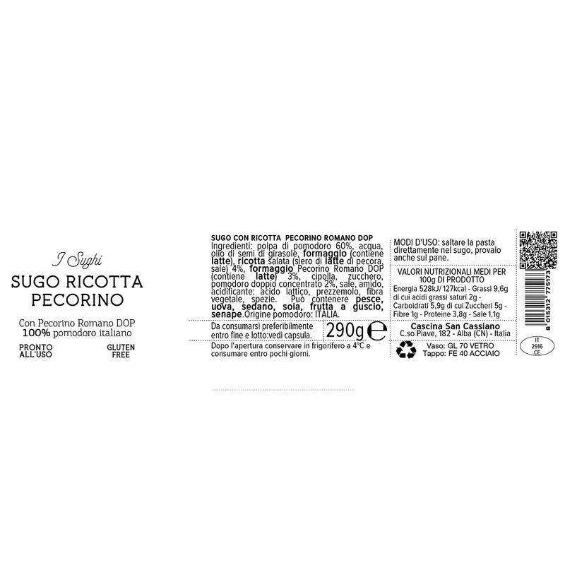 Cascina San Cassiano 6 vasetti - Sugo con Ricotta e Pecorino Romano DOP 290 gr