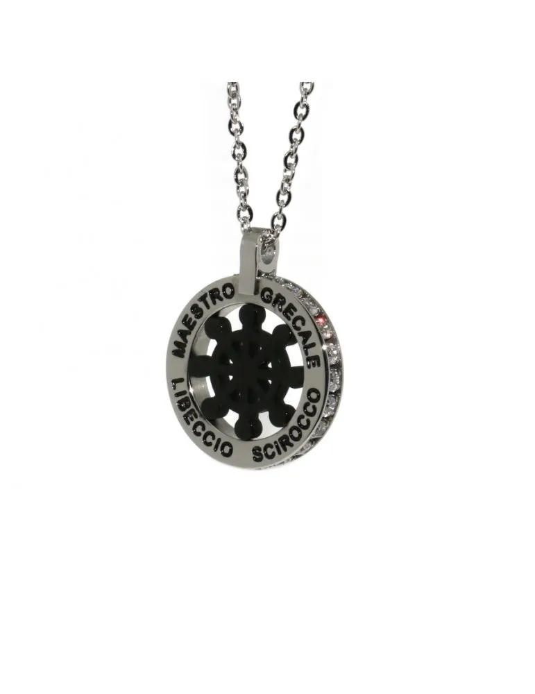 collana uomo acciaio ciondolo tondo timone e venti nero zirconi bianchi