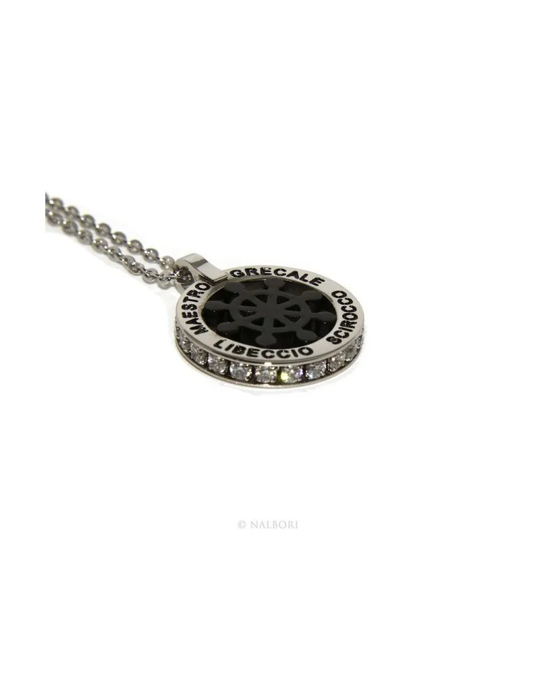 collana uomo acciaio ciondolo tondo timone e venti nero zirconi bianchi