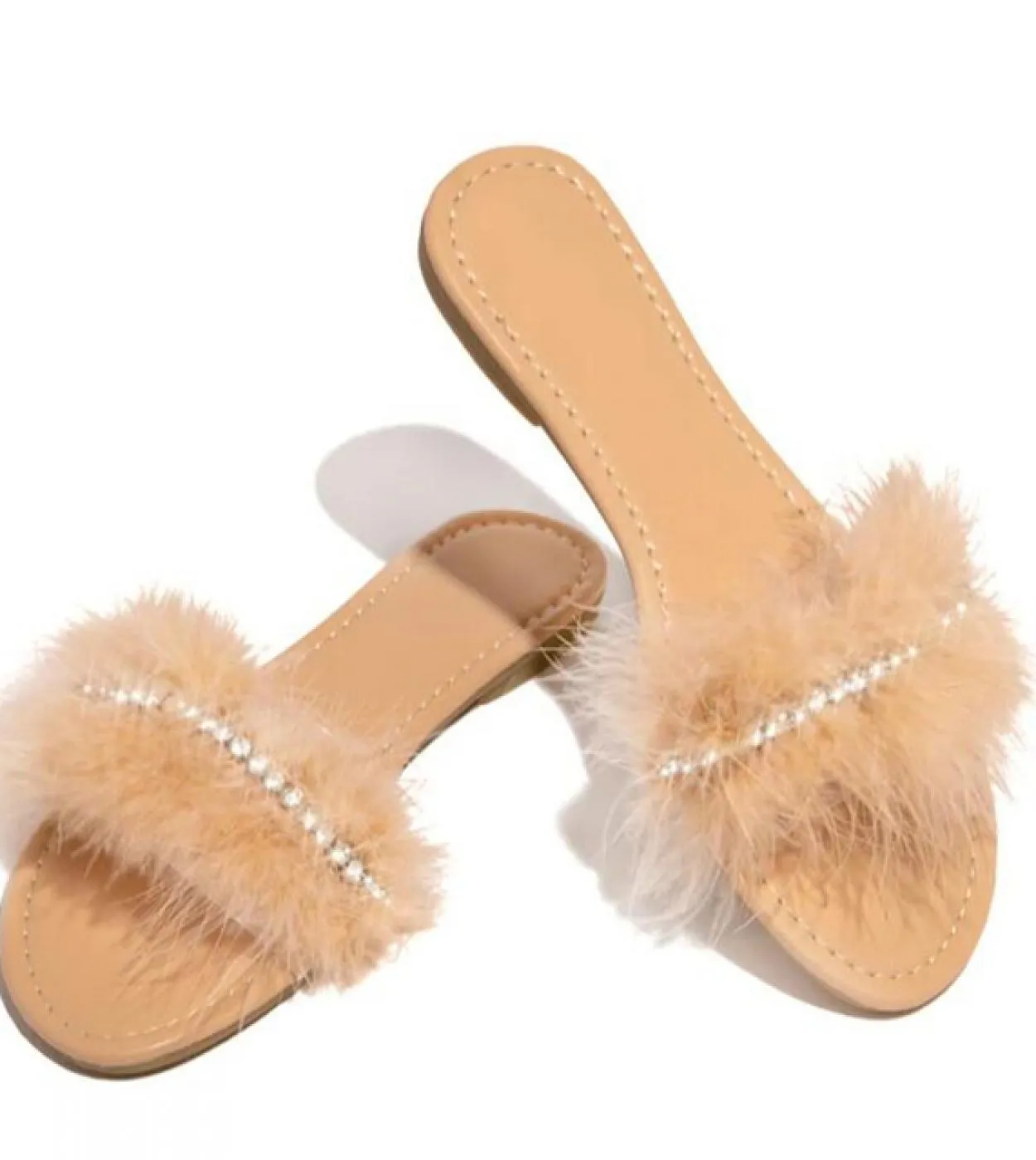 Comemore Designer Slippers 2023 Summer Flats Women Flat Shoes Sandals Ladies Fashion Crystal Dress Female Flip Flops Fur
