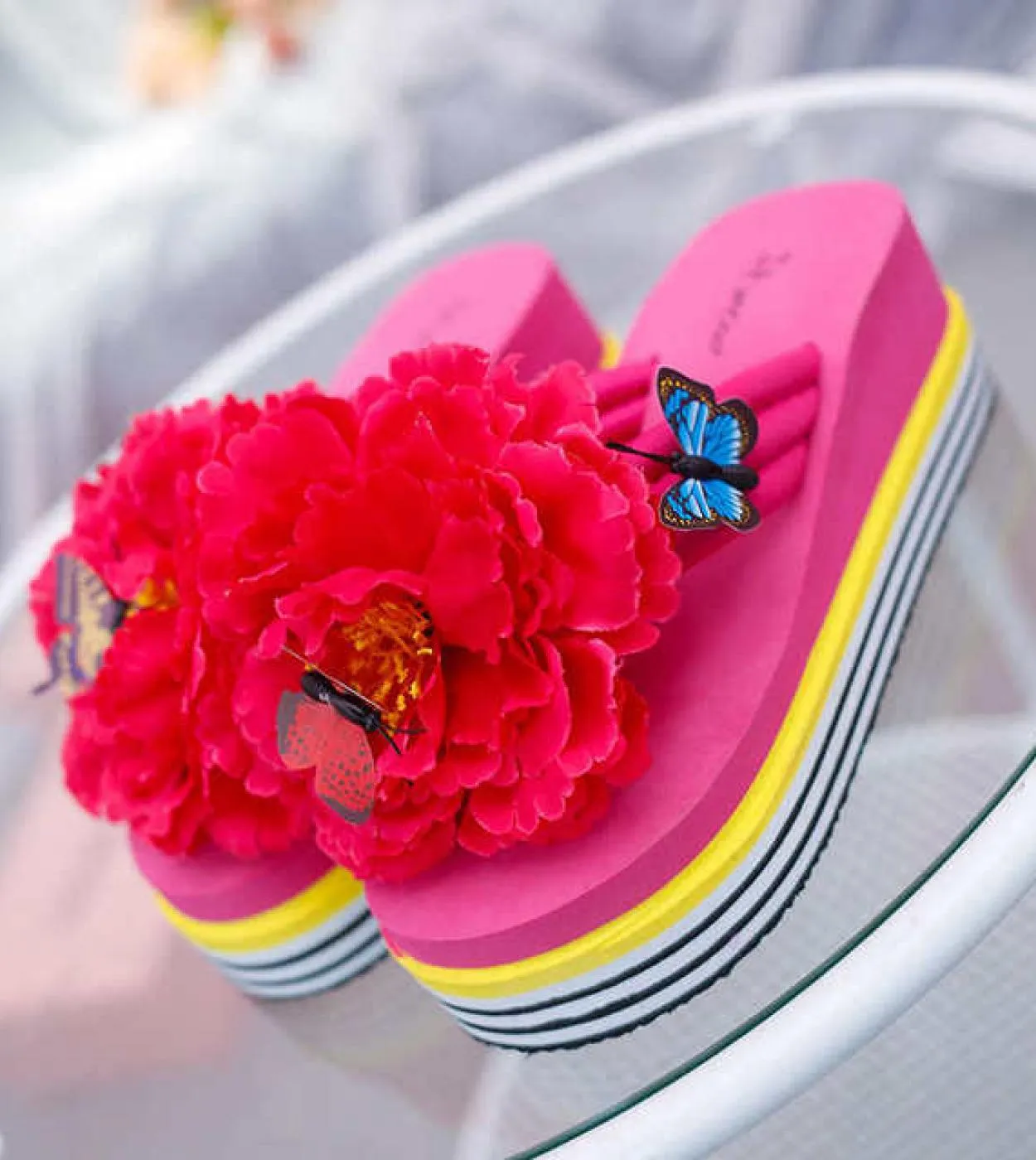 Comemore  Women Sandals Flowers Slippers Summer Flip Flops Footwear Wedge High Heel Beach Thick Bottom Platform Slides S