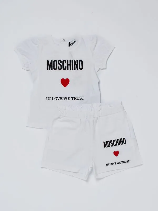 Completo bambina Moschino in cotone stretch con logo ricamato Bianco Ottico