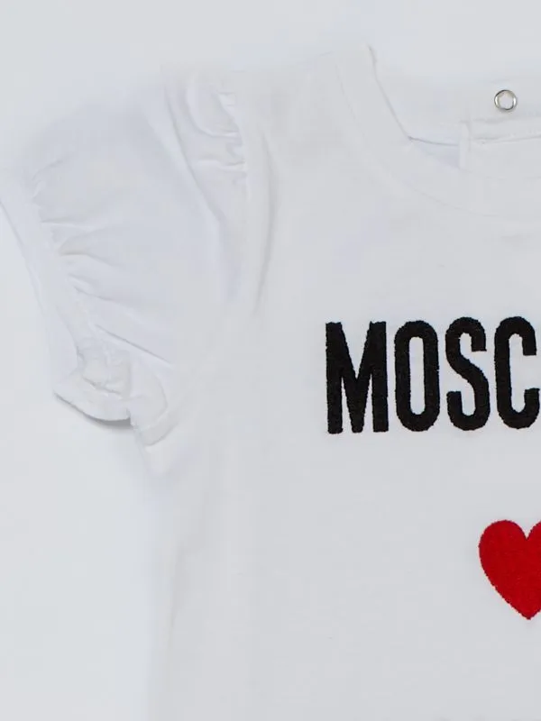 Completo bambina Moschino in cotone stretch con logo ricamato Bianco Ottico