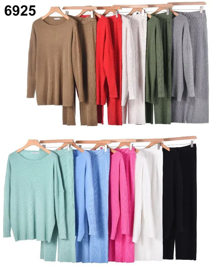Completo Maglia Manica Lunga Pantalone Palazzo Casual Trama Righini Coordinato Tuta Sportiva in 10 Colori - 6925