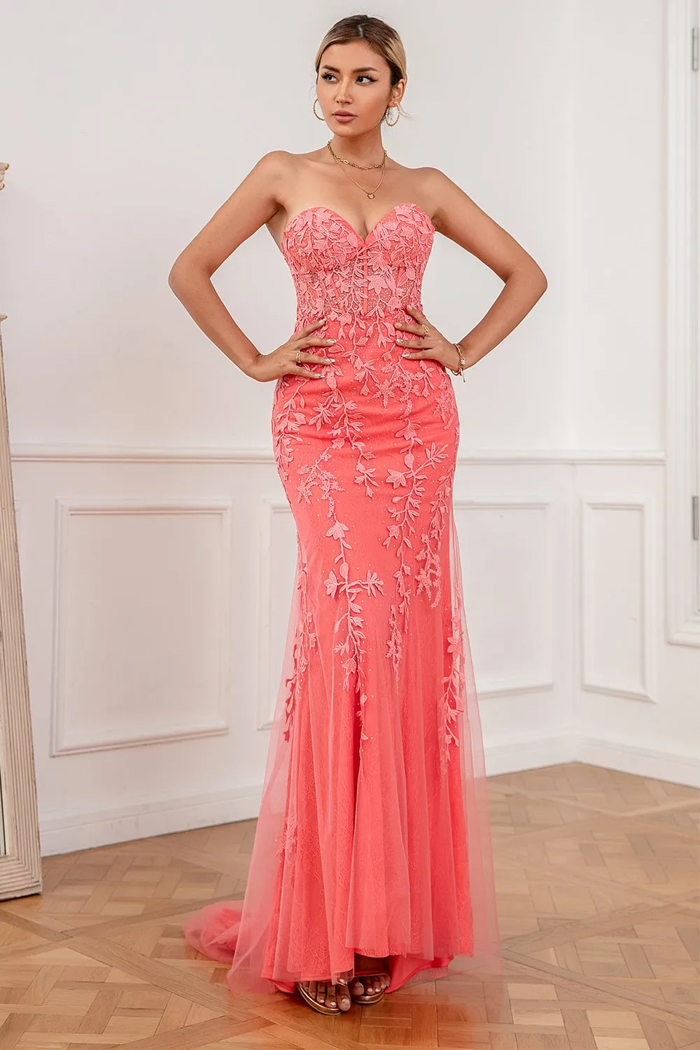 Coral Applique Tulle Prom Abito