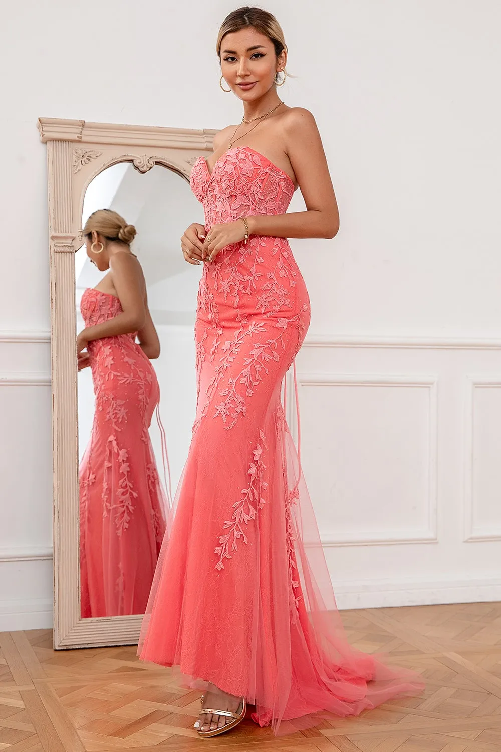 Coral Applique Tulle Prom Abito