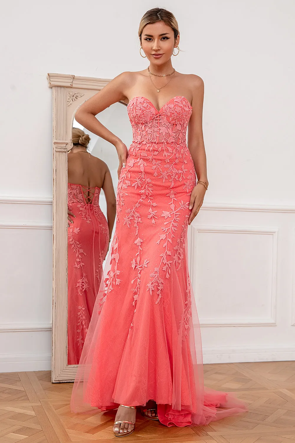 Coral Applique Tulle Prom Abito