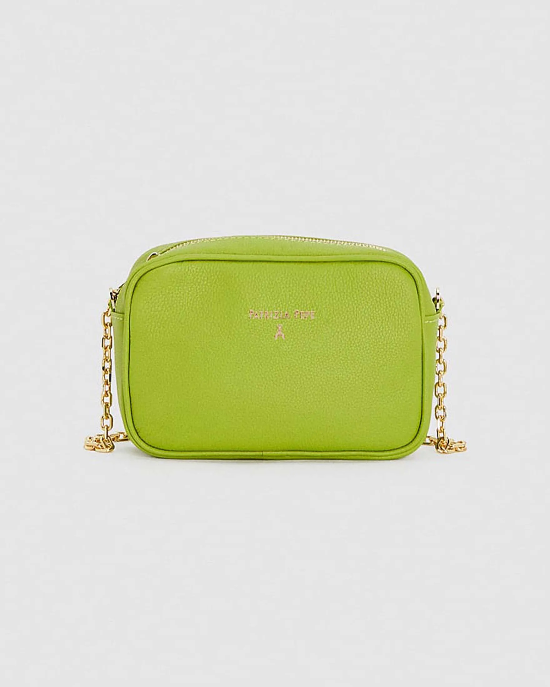 Cross bag lime in pelle con catena dorata regolabile e scritta logo dorata sul davanti