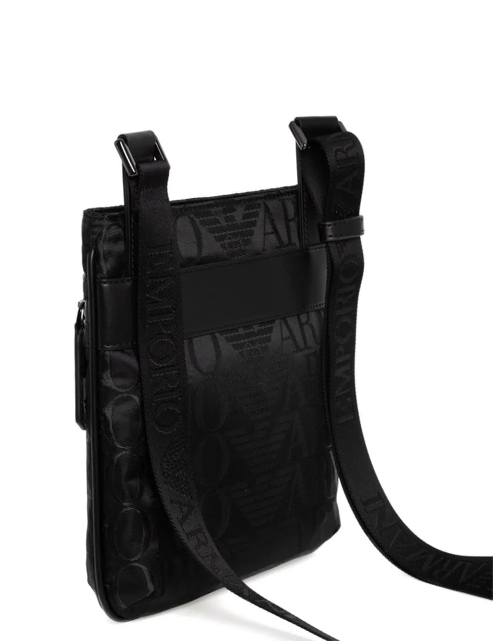 Emporio Armani     Borsa a Tracolla piatta in tessuto jacquard logo all over Nero