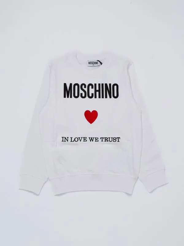 Felpa bambina Moschino in cotone stretch con logo ricamato Bianco Ottico