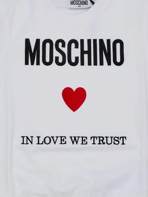 Felpa bambina Moschino in cotone stretch con logo ricamato Bianco Ottico