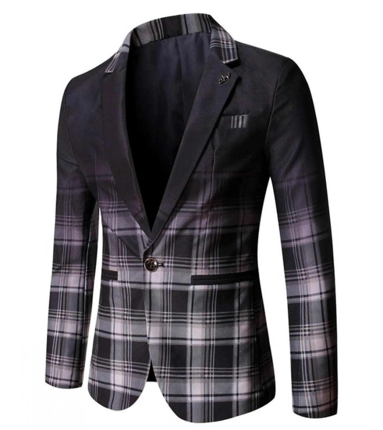 Giacca da uomo piccola scozzese primaverile e autunnale sfumata, casual, slim, da giorno, colletto, tasca con toppe tridimension