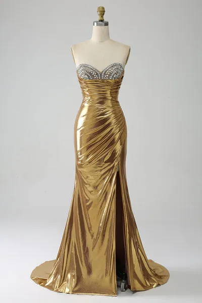 Golden Mermaid Abito da ballo lungo senza spalline con fessura